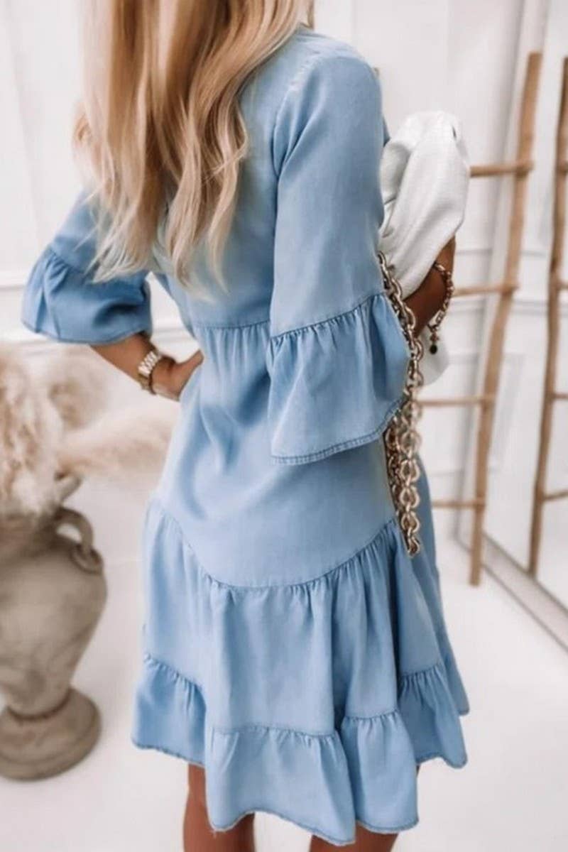 V-Neck Ruffle Sleeve Denim Dress
