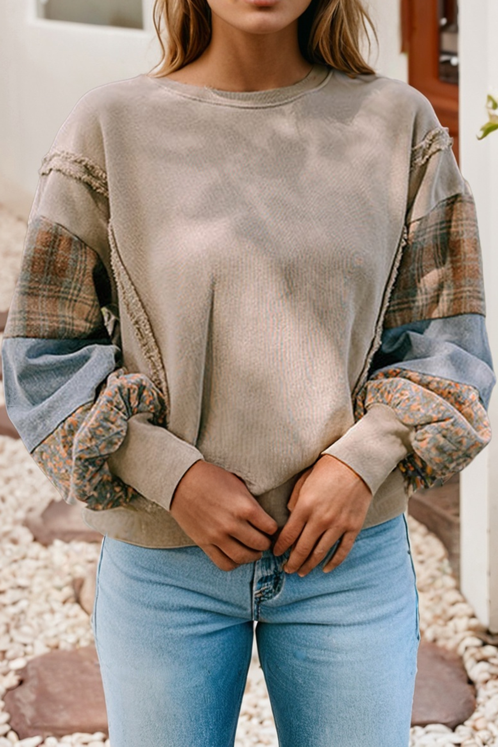 Plaid Patchwork Raw Seam Sweatshirt