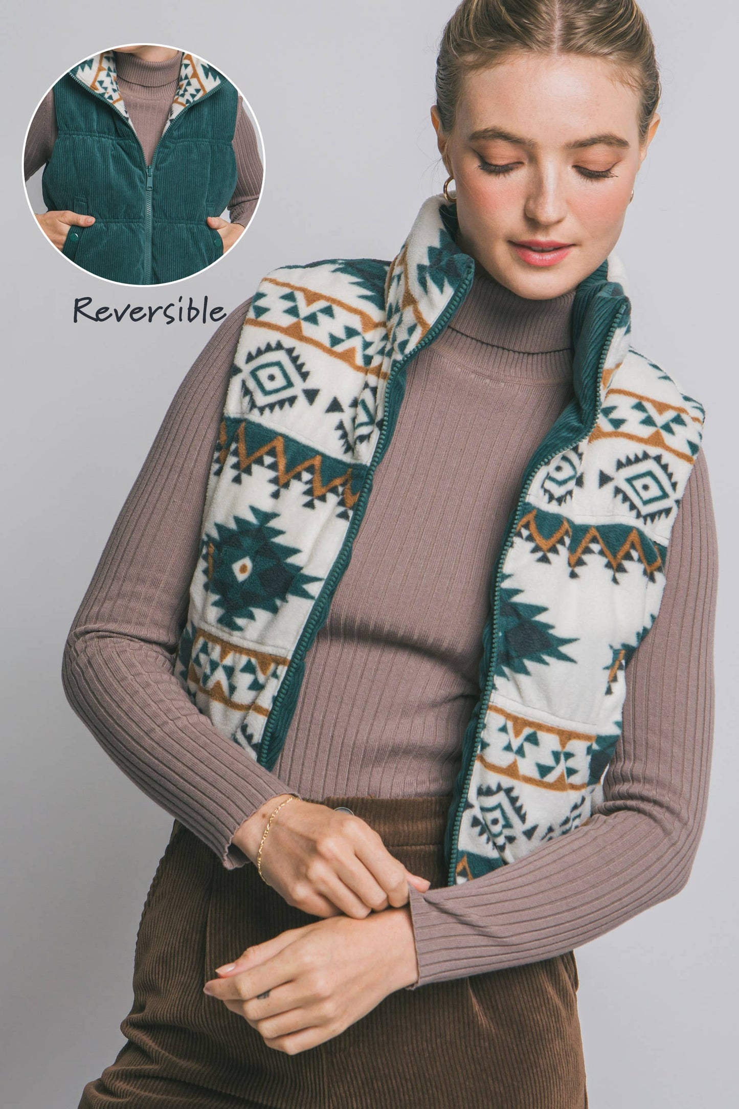 Aztec Print Reversible Corduroy Vest