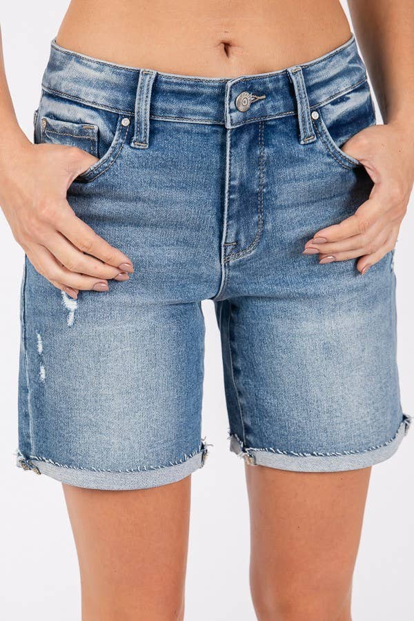 Mid Rise Stretch Shorts With Cuffed Hem