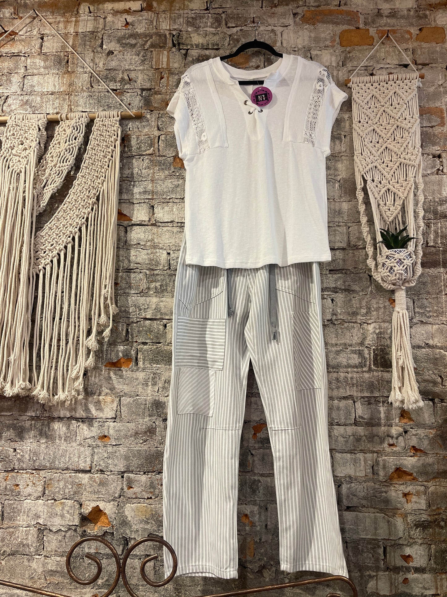 Gray And White Stripe Rope Belt