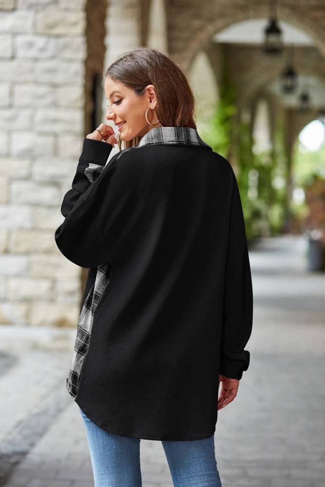 Waffle Knit Plaid Trim Shacket