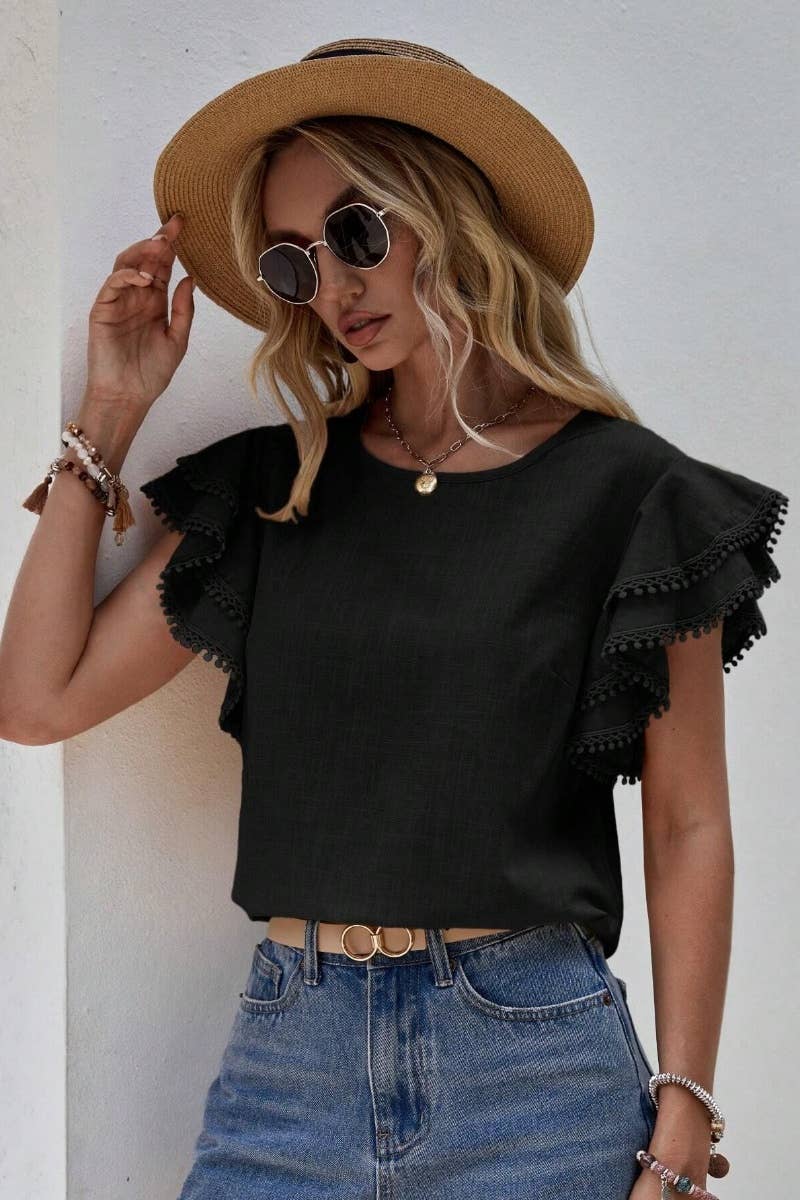 Ruffle Sleeve Pom Pom Detail Top
