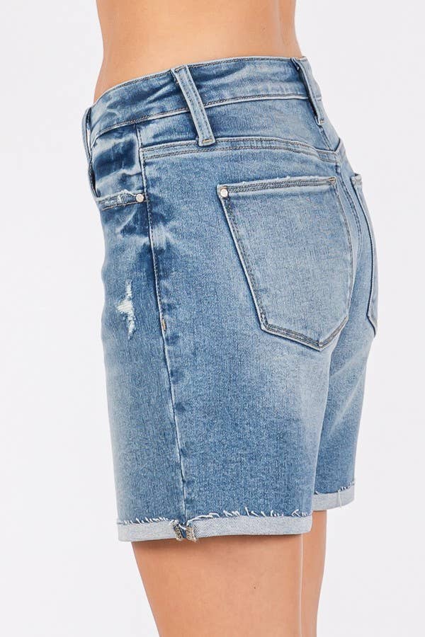 Mid Rise Stretch Shorts With Cuffed Hem