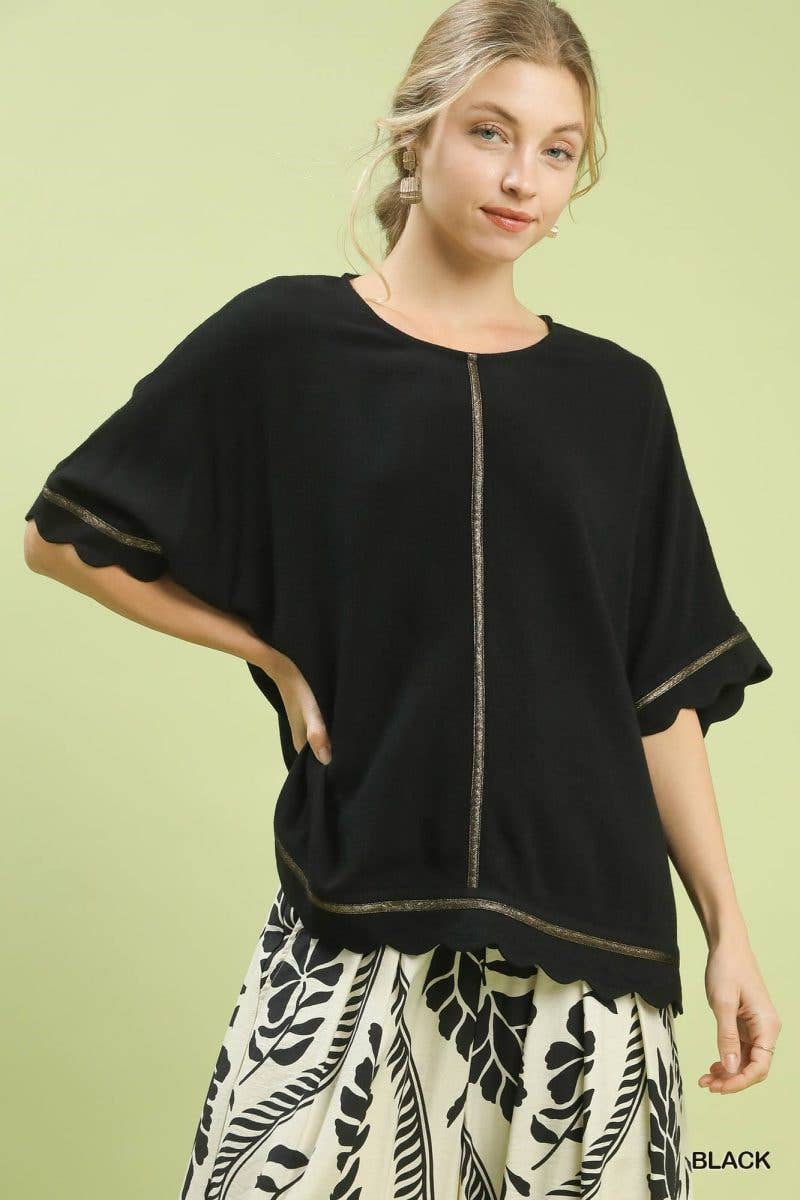 Linen Blend Scallop Trim Top