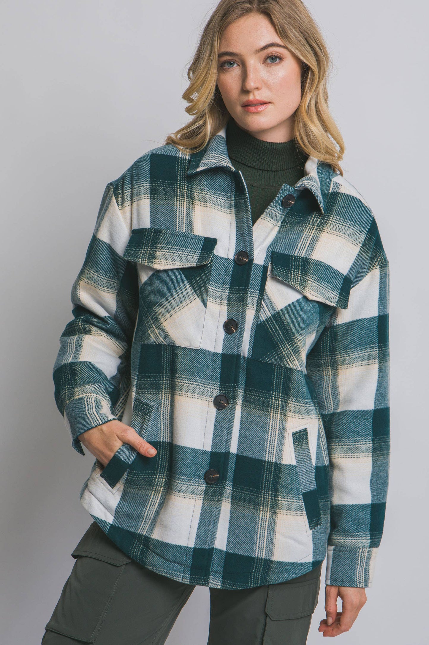 Plaid Button Up Shacket with Sherpa Lining
