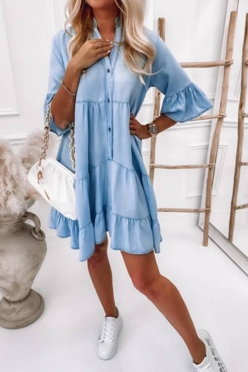 V-Neck Ruffle Sleeve Denim Dress