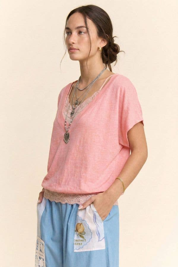 Elastic Waiste V Neck Top