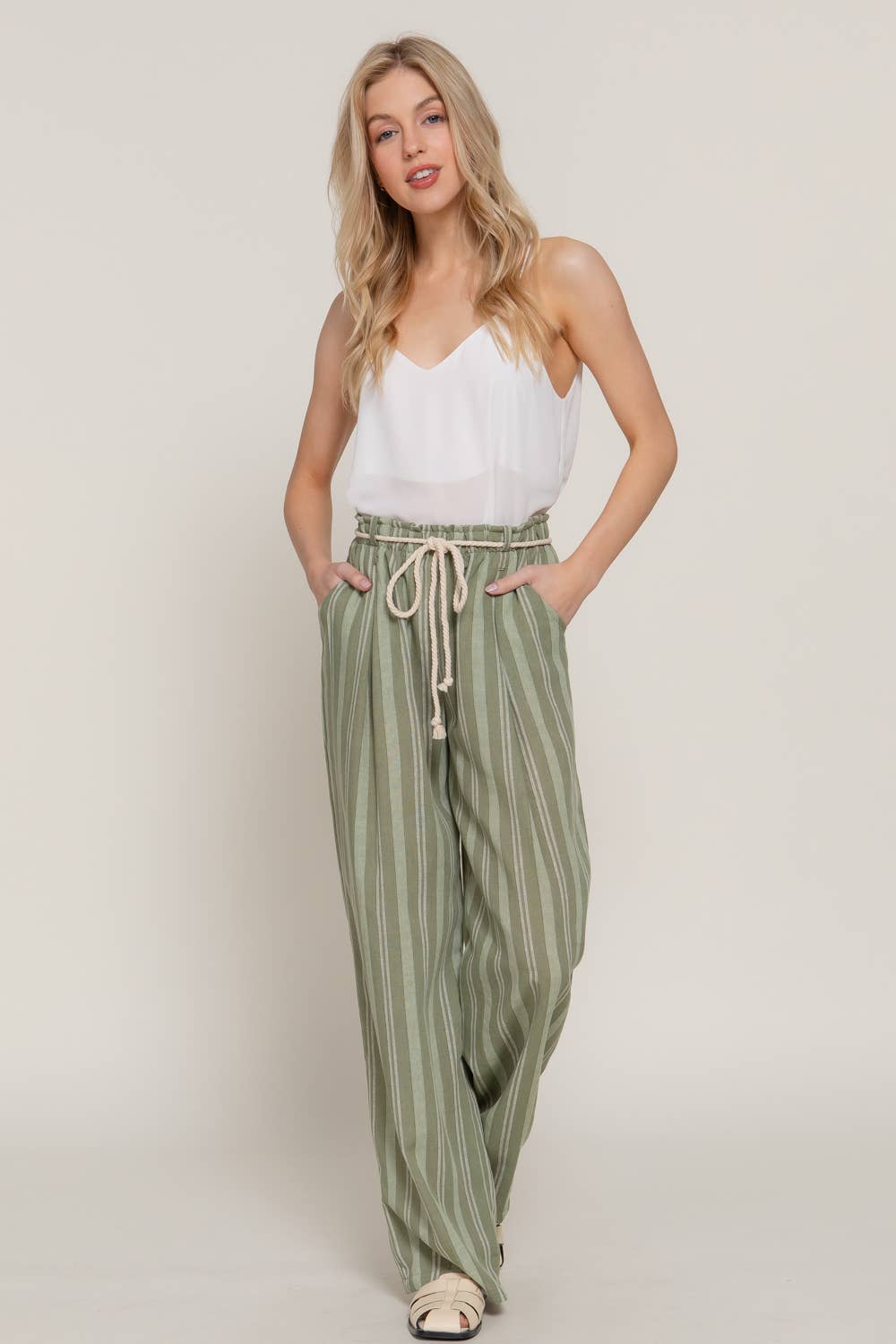 `Rope Belted Stripe Print Linen Effect Pants w/ Pockets