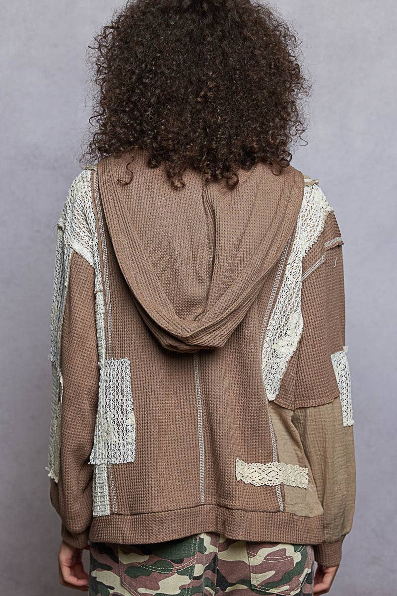 V Neck Patches Stud Knit Hoodie Top