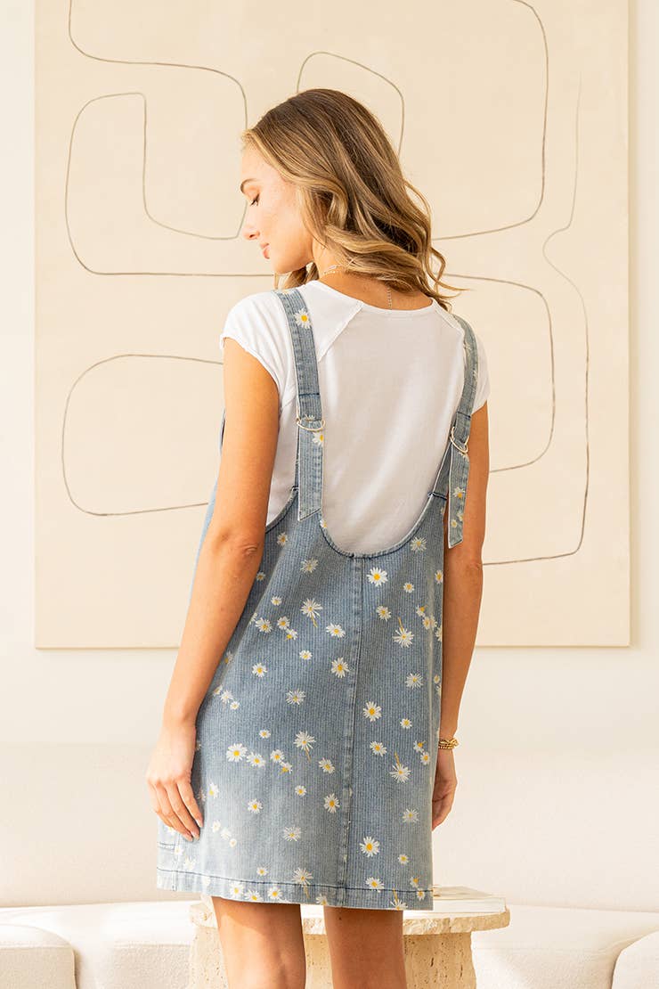 Daisy Print V Neck Denim Dress