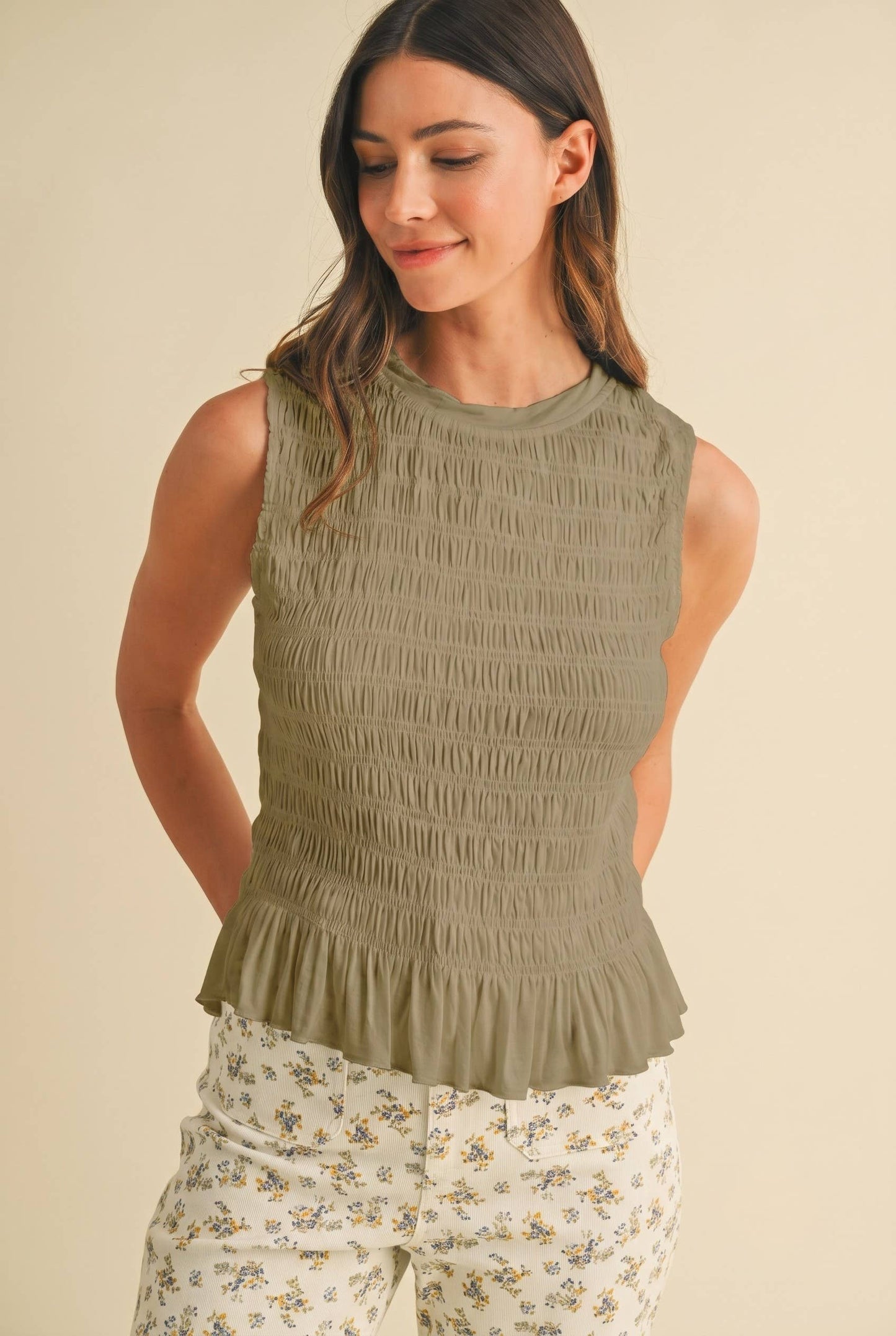 Smocking Detail Ruffle Hem Knit Tank Top