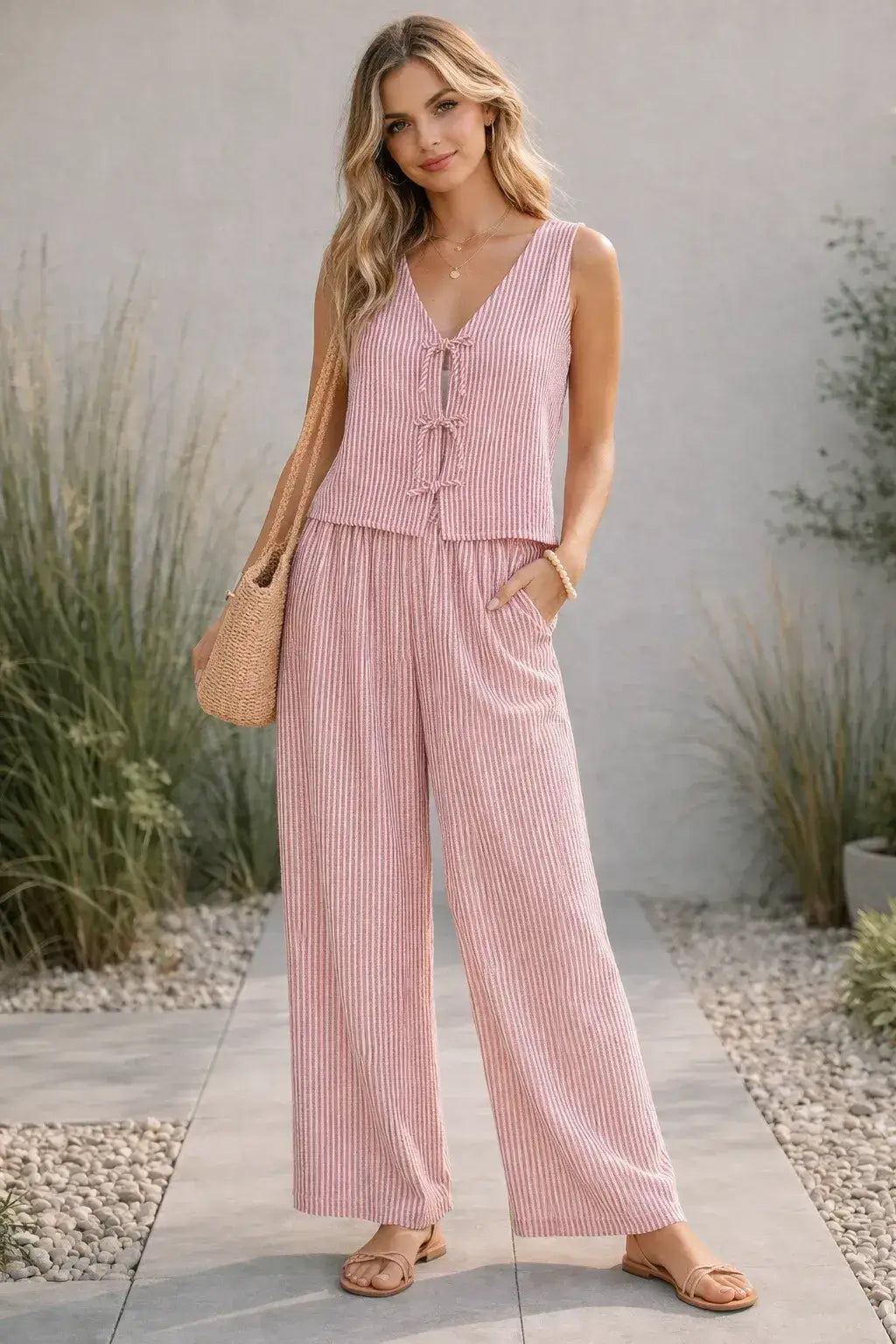 Striped V-Neck Bow Tie Front Vest