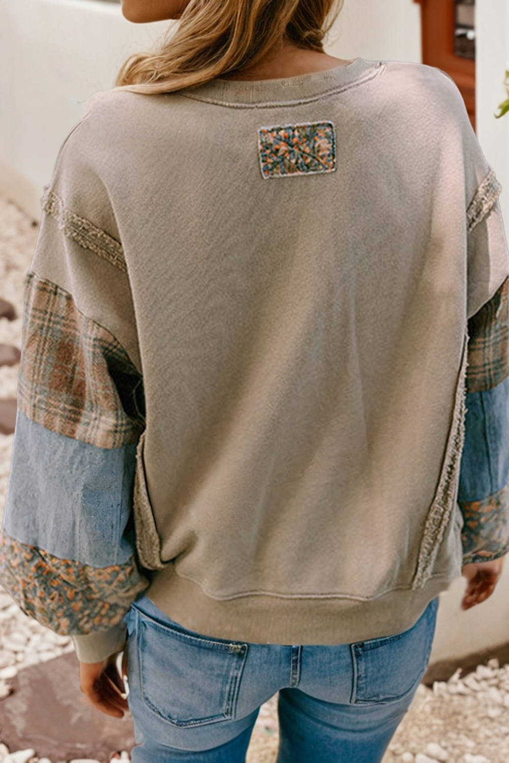 Plaid Patchwork Raw Seam Sweatshirt