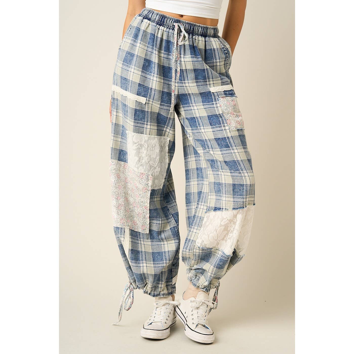 Plaid Patchwork Lace Drawstring Pants