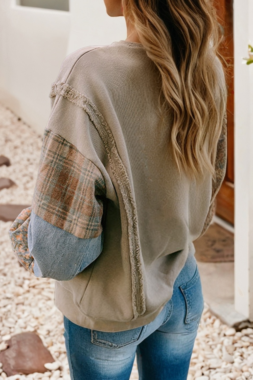 Plaid Patchwork Raw Seam Sweatshirt