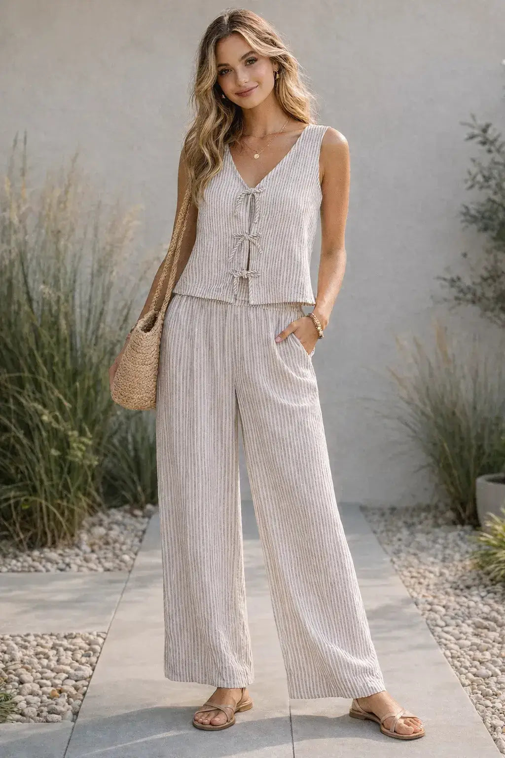Striped V-Neck Bow Tie Front Vest