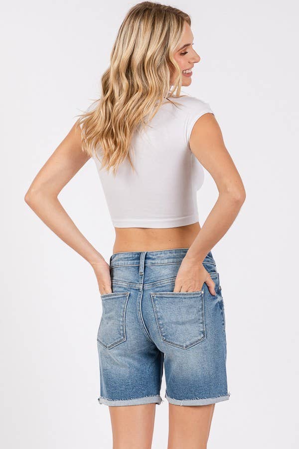 Mid Rise Stretch Shorts With Cuffed Hem