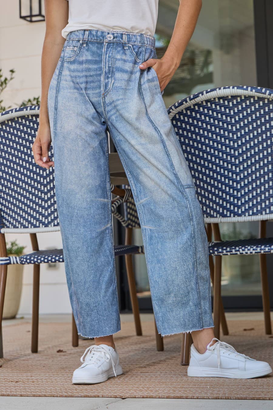 Illusion Faux Denim Barrel Pants