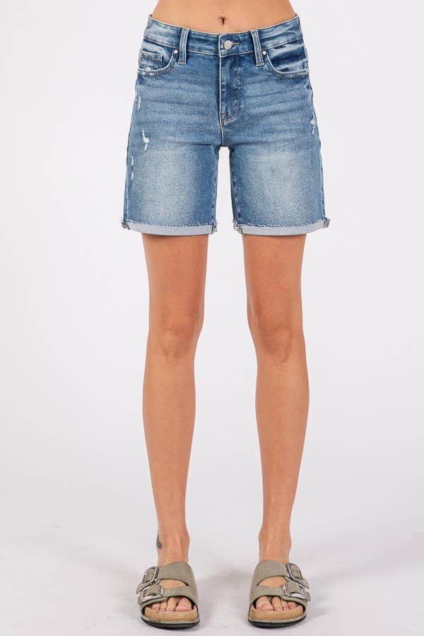 Mid Rise Stretch Shorts With Cuffed Hem