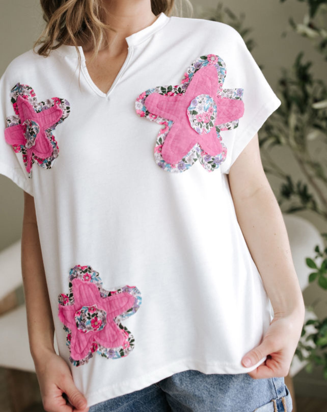 White Patch Floral V Neck