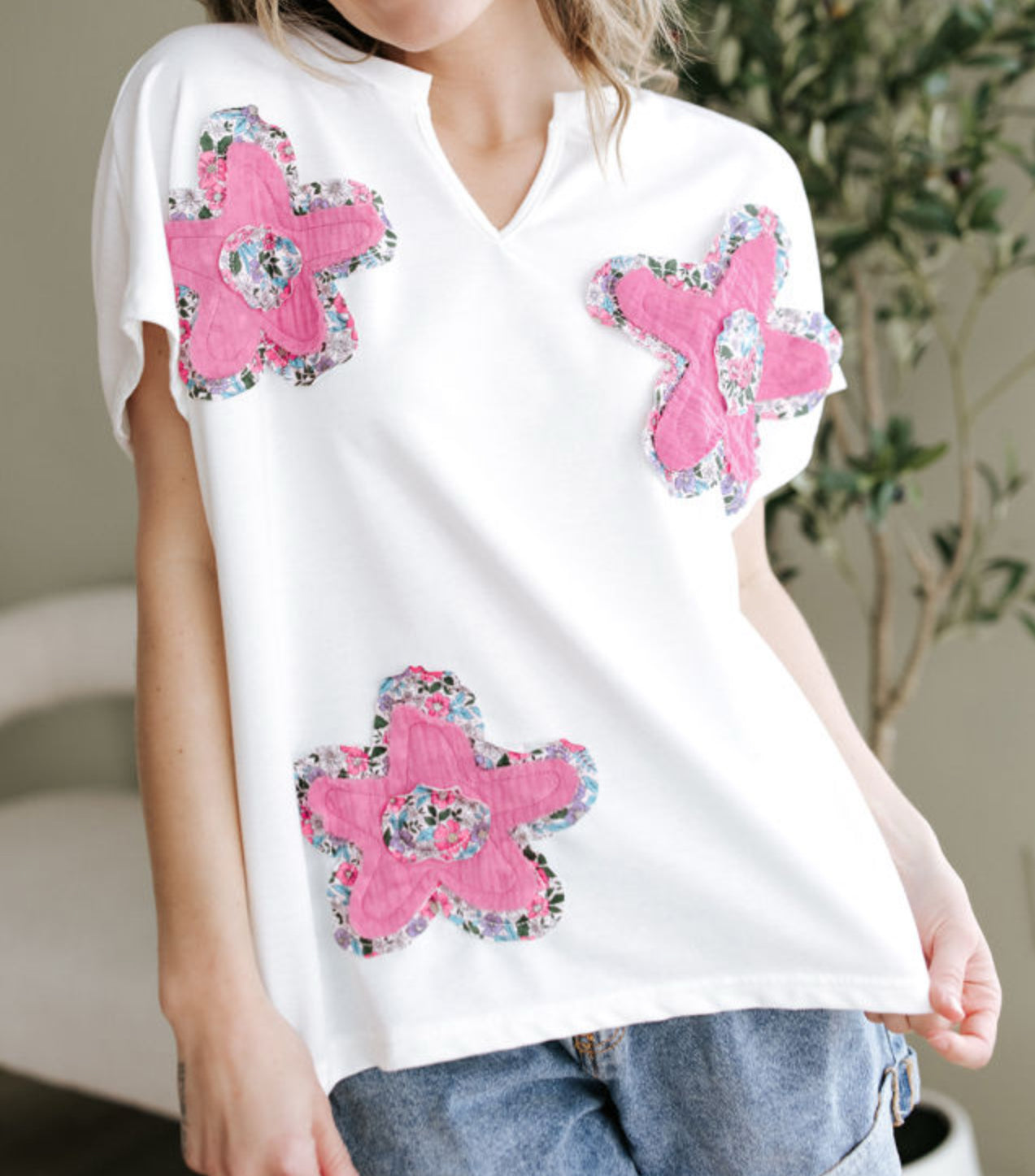 White Patch Floral V Neck