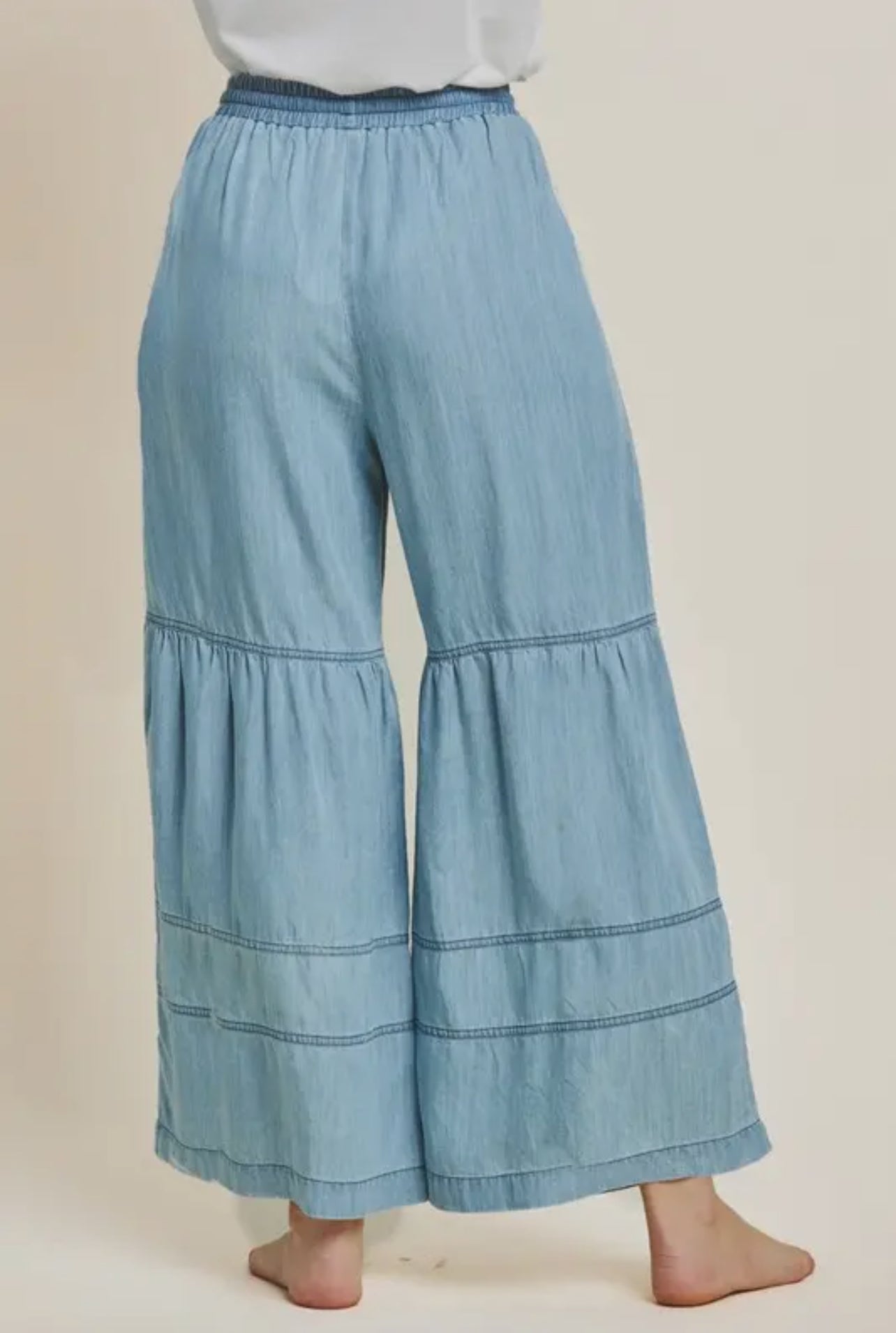 Washed Denim Tiered Wide Leg