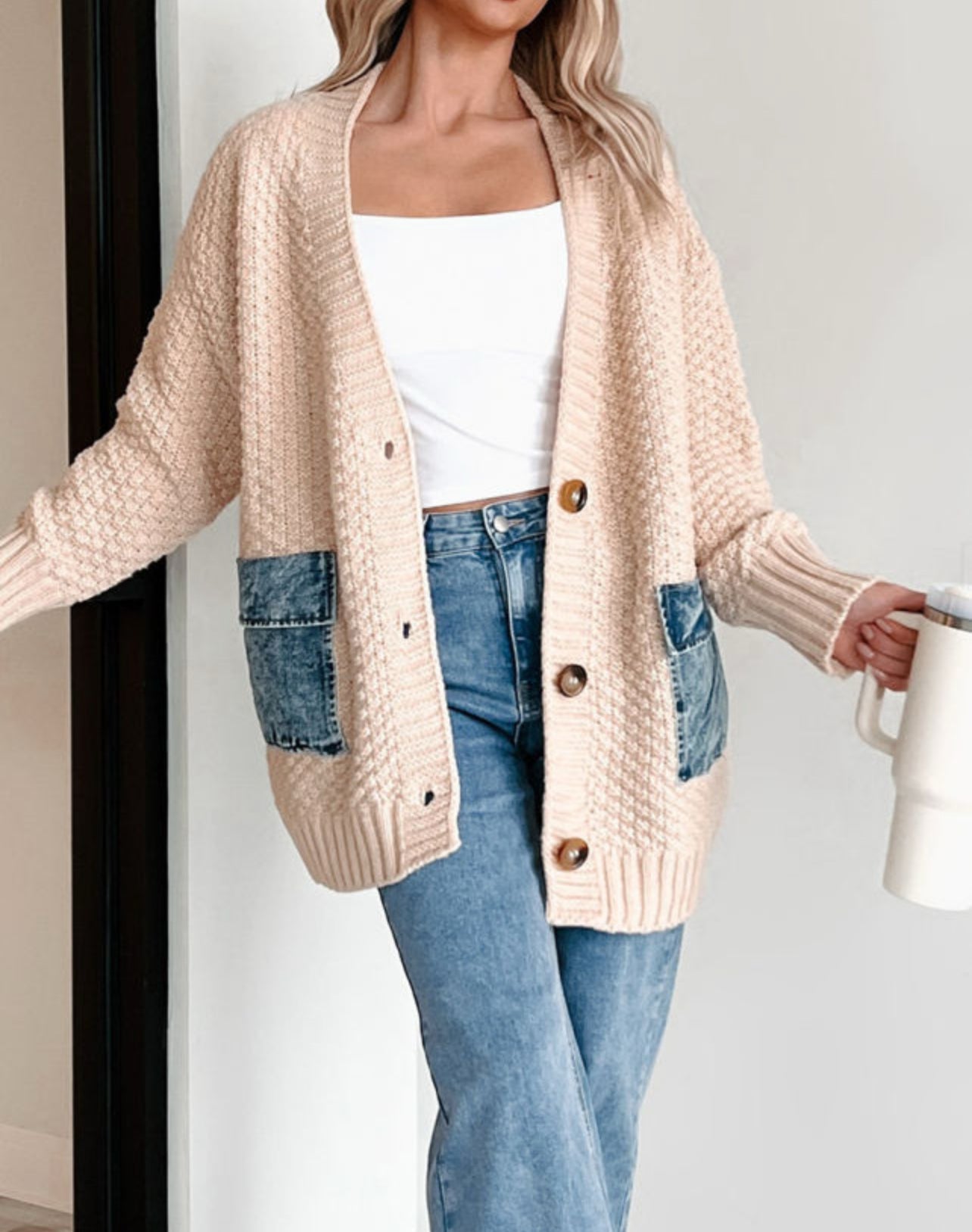 Denim Pocket Patchwork Cardigan