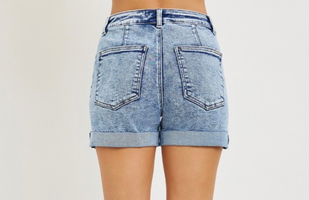 Patched Pocket Cuffed Denim Shorts