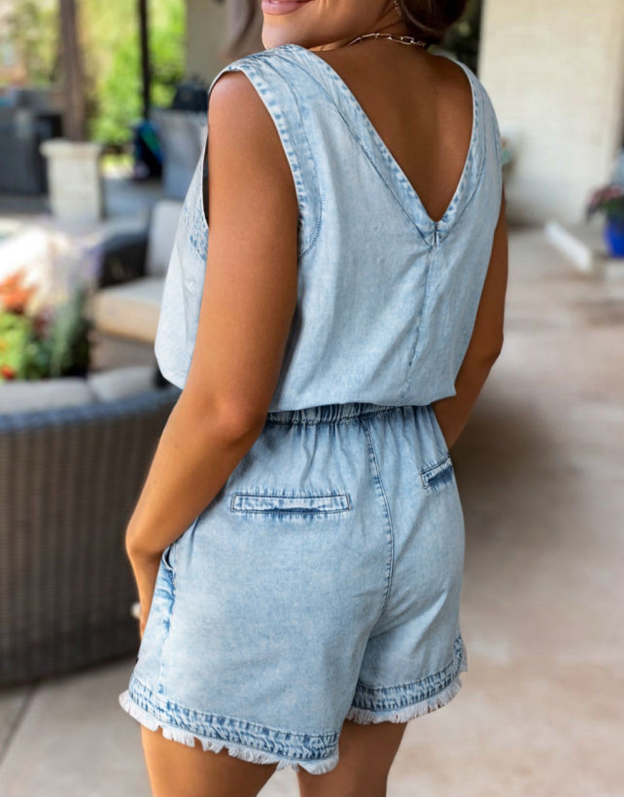 Blue Denim V Neck Stud Detail Romper
