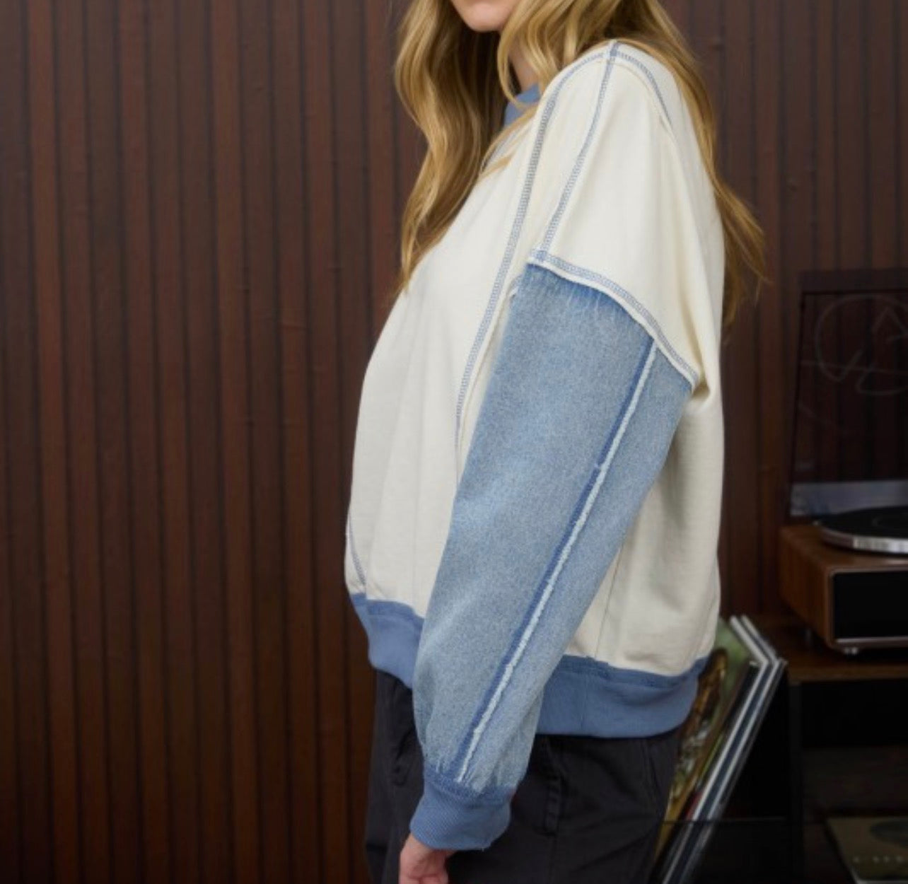 Mix Media Denim Sleeve Sweatshirt