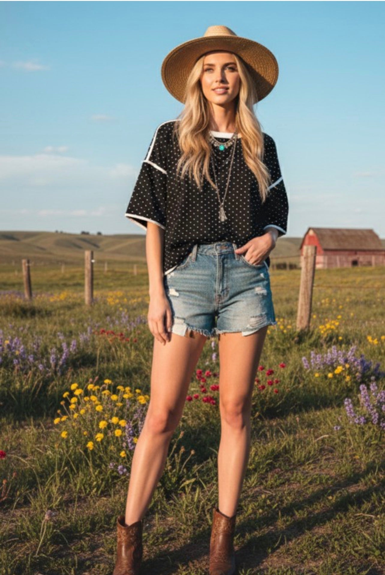Polka Dot Contrast Trim Top