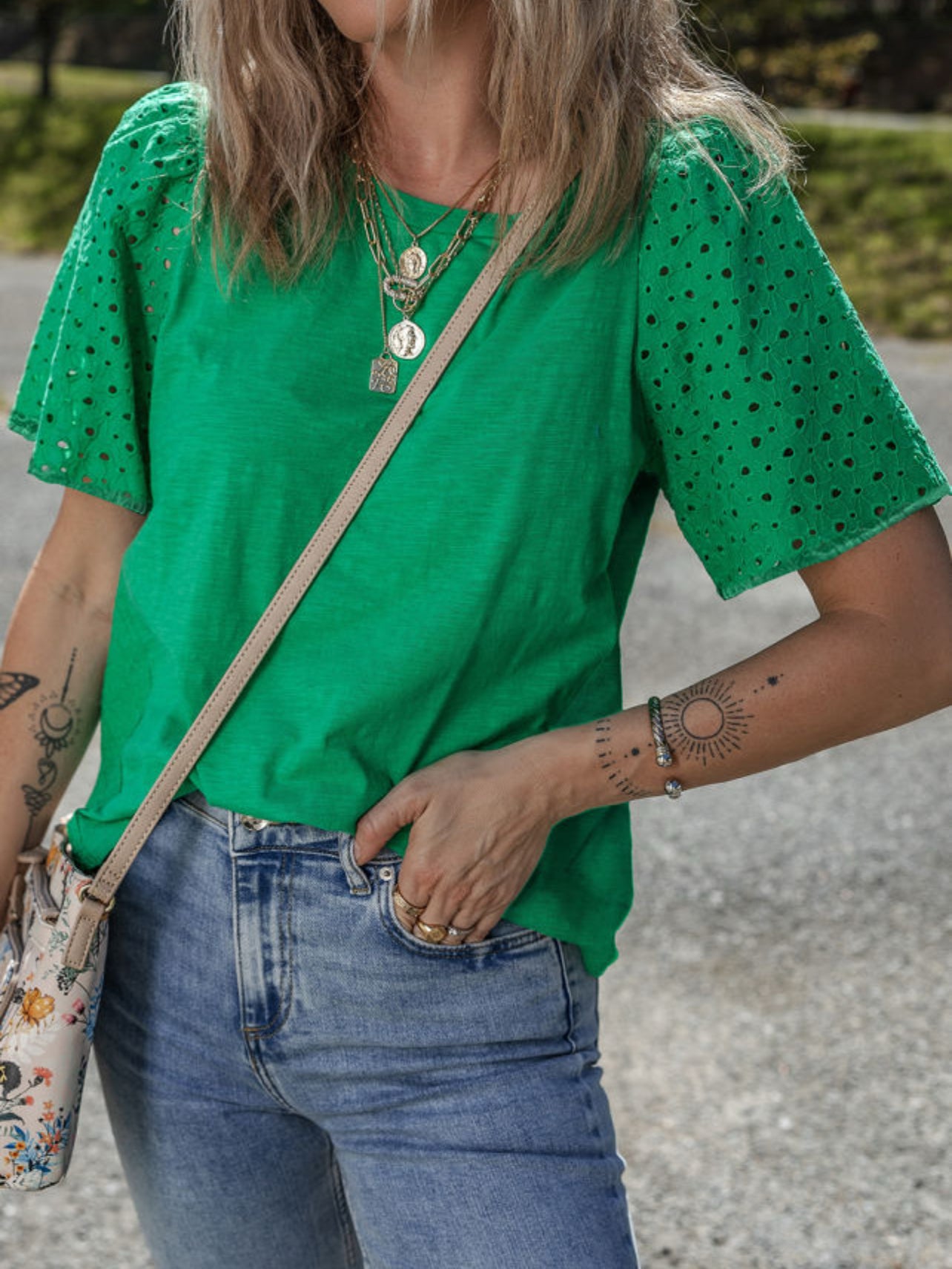 Green Eyelet Sleeve Top