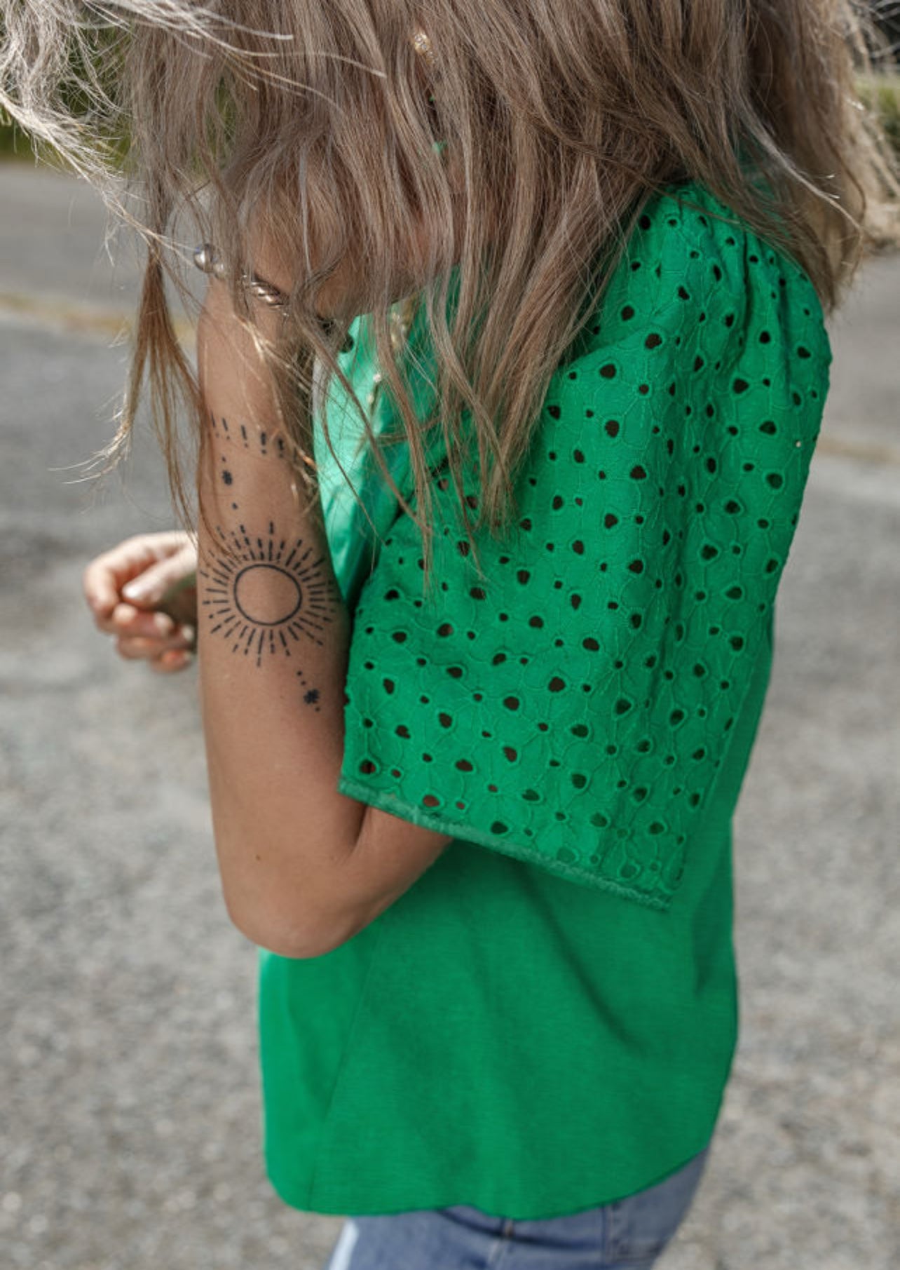 Green Eyelet Sleeve Top