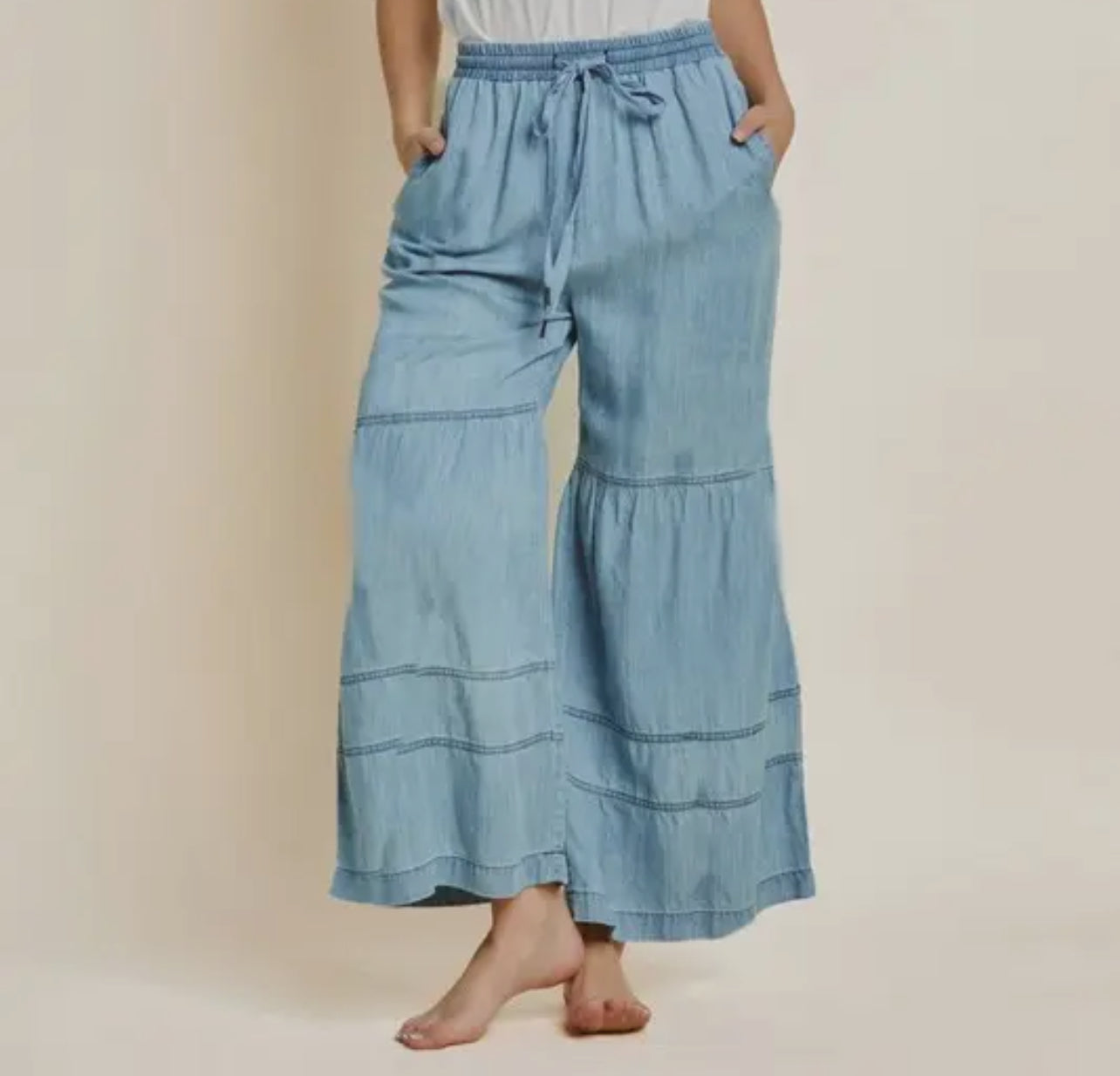 Washed Denim Tiered Wide Leg