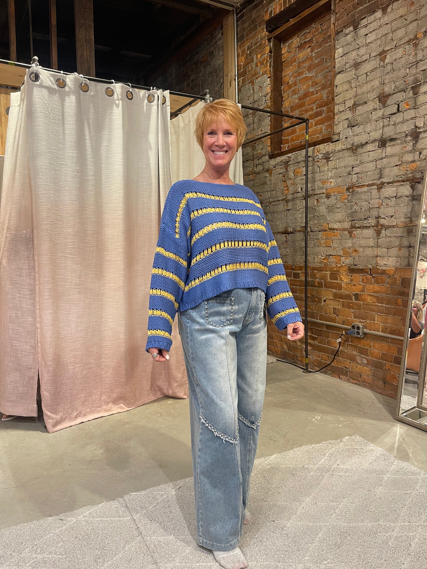 Striped Open-Knit Drop Shoulder Sweater
