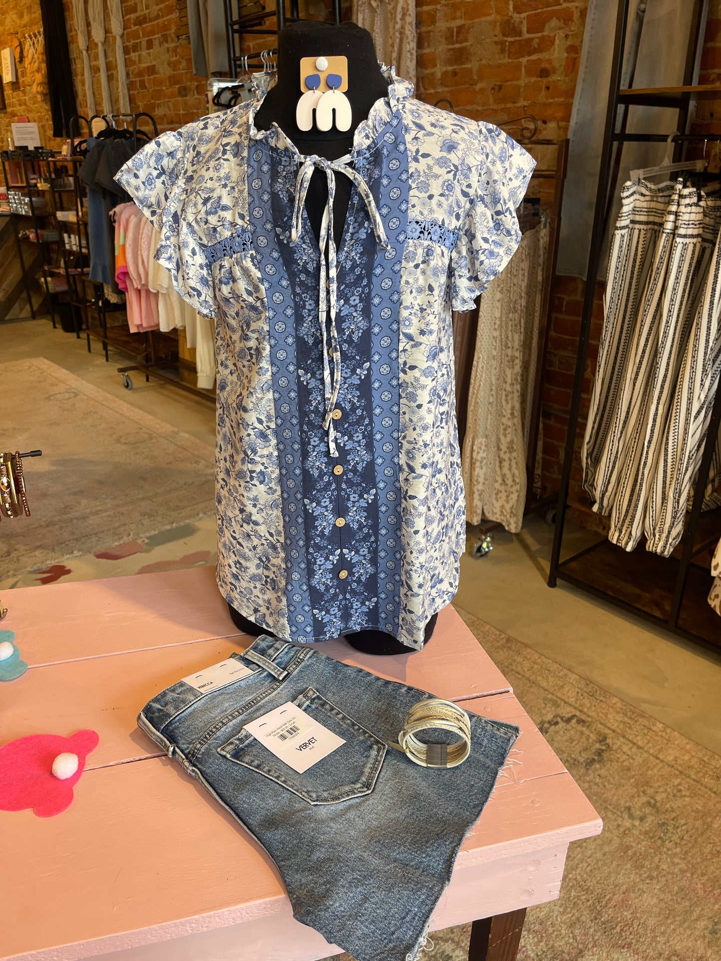 Blue Floral Button Ruffle Front Top