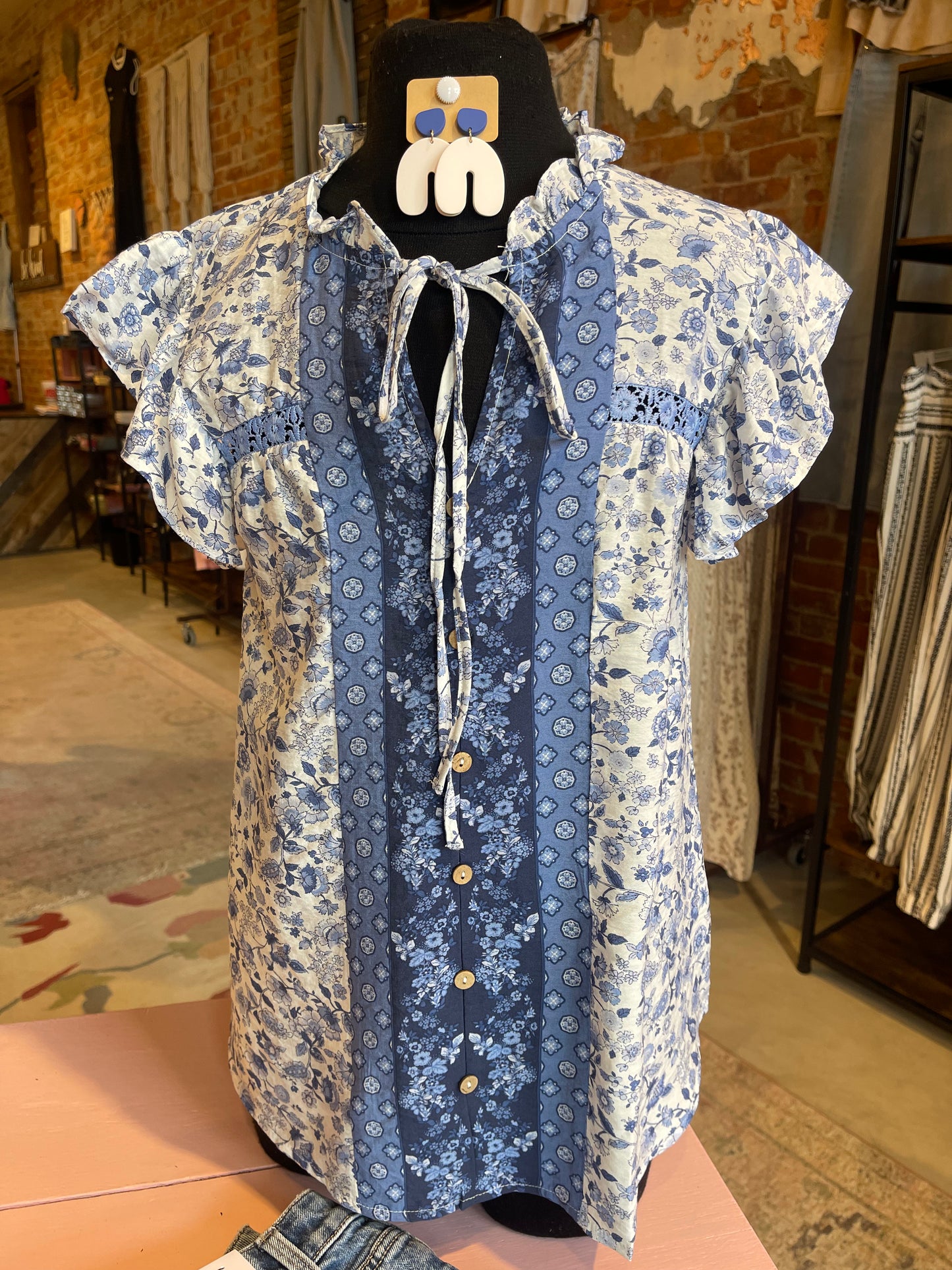 Blue Floral Button Ruffle Front Top