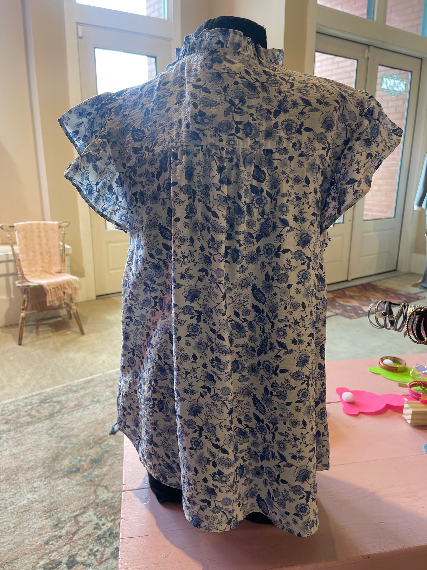 Blue Floral Button Ruffle Front Top