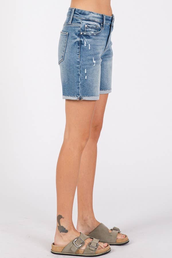 Mid Rise Stretch Shorts With Cuffed Hem