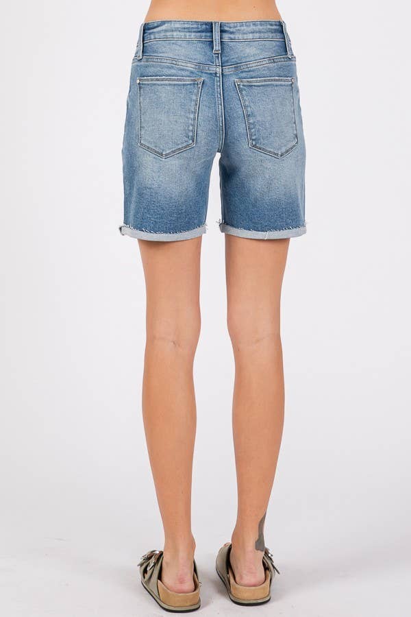 Mid Rise Stretch Shorts With Cuffed Hem