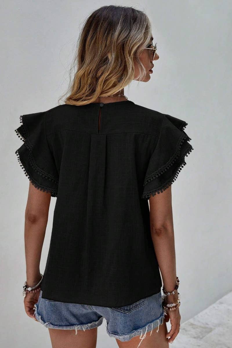 Ruffle Sleeve Pom Pom Detail Top
