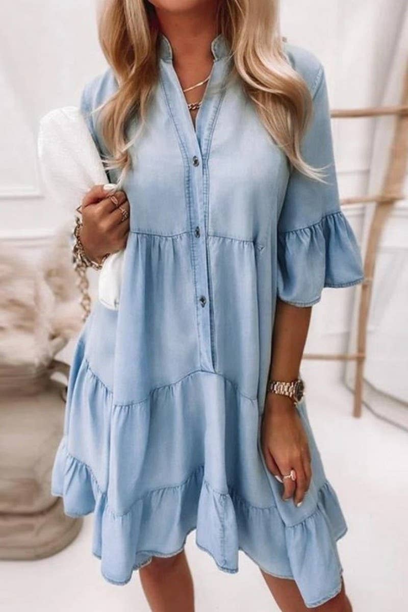 V-Neck Ruffle Sleeve Denim Dress