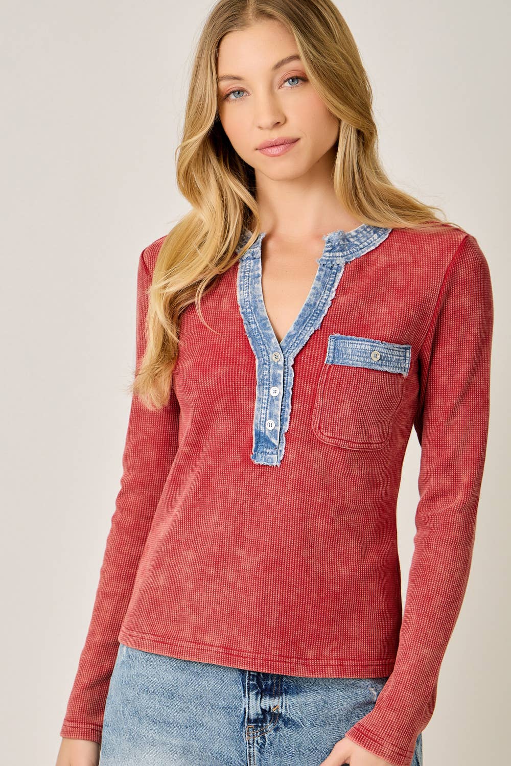 Denim Mixed Henley Top