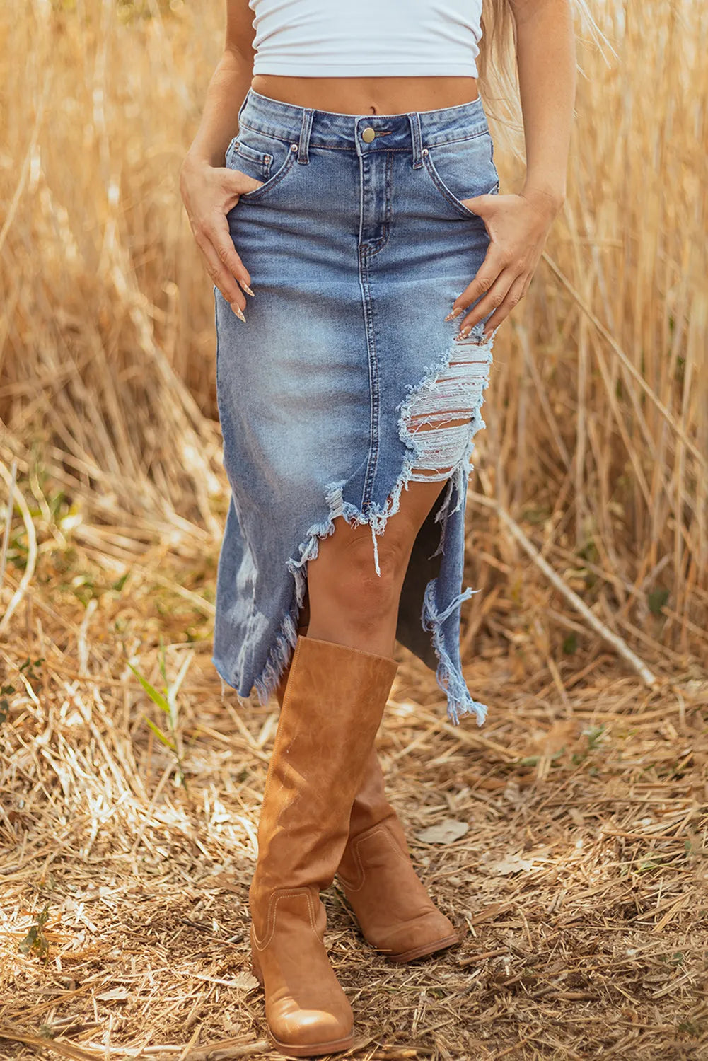 Distressed Bottom Denim Midi Skirt