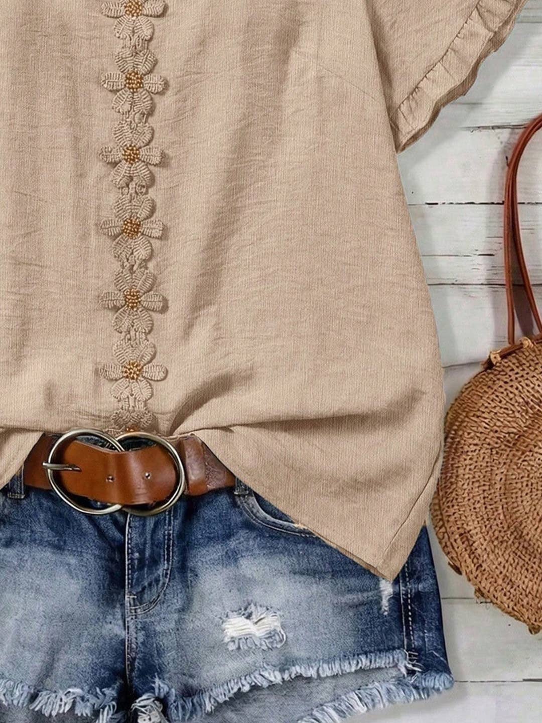 Boho Floral Embroidery V-Neck Ruffle Sleeves Shirt