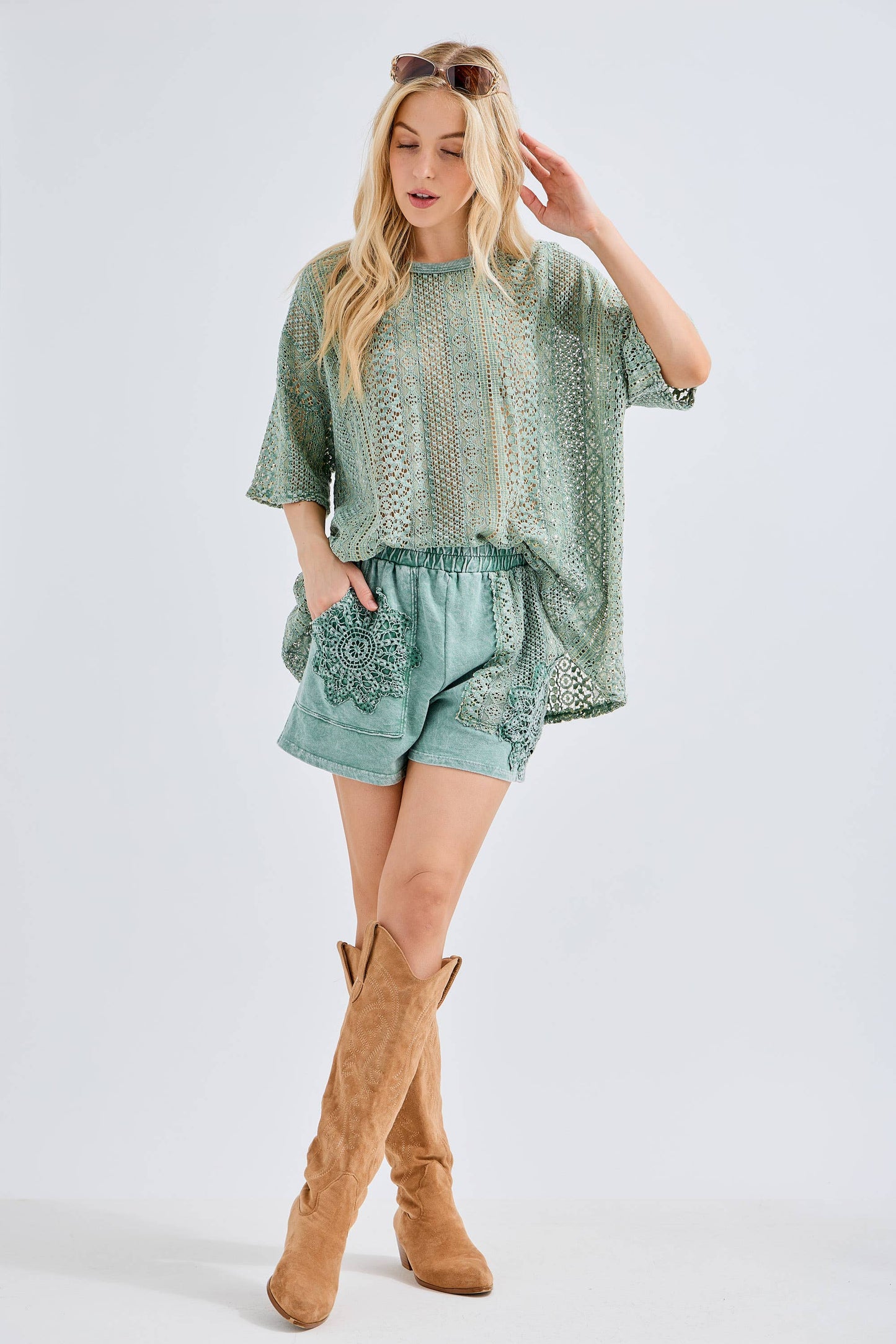 Mineral Washed Lace Crochet Shorts