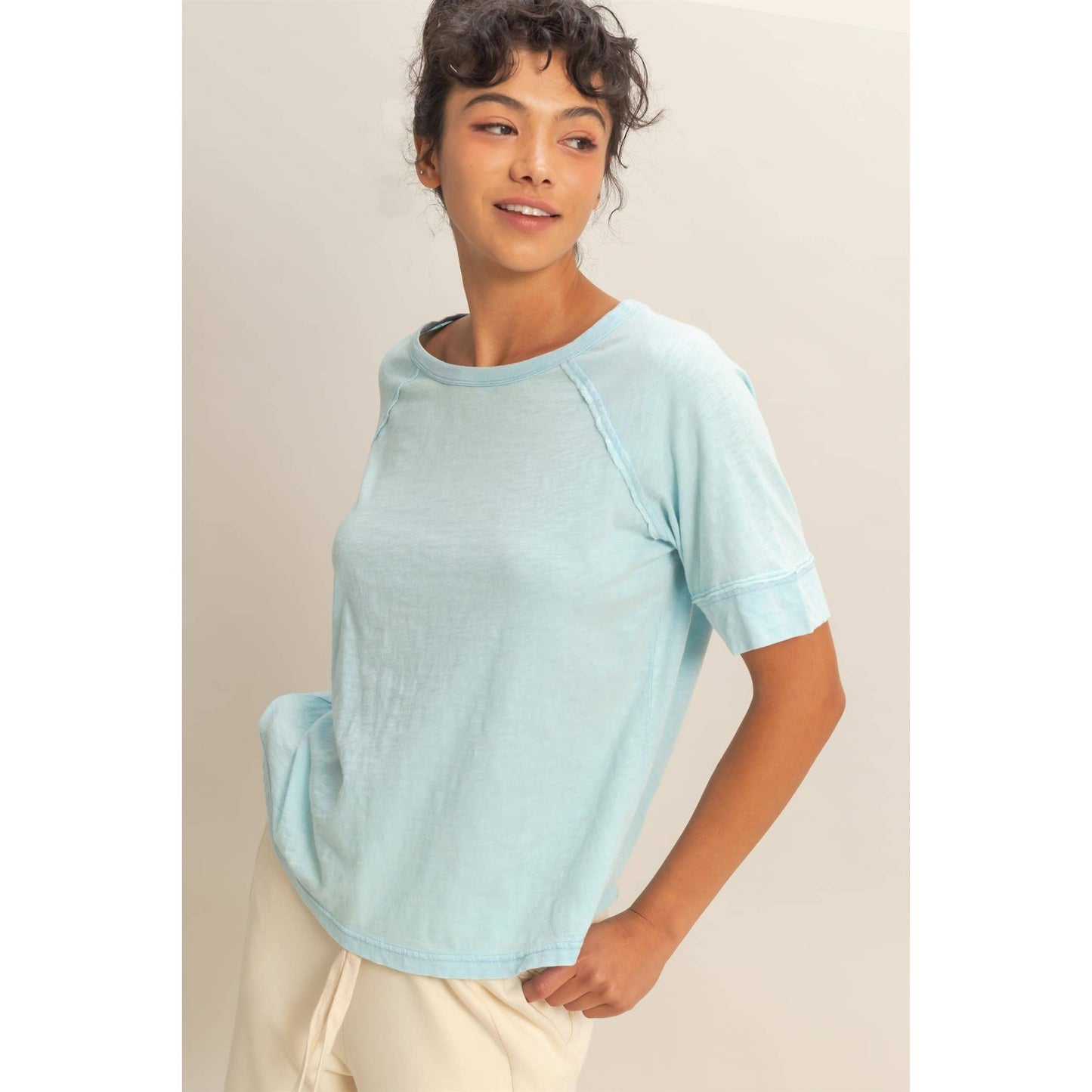 Acid Wash Raw Seam Raglan Short Sleeve Tee