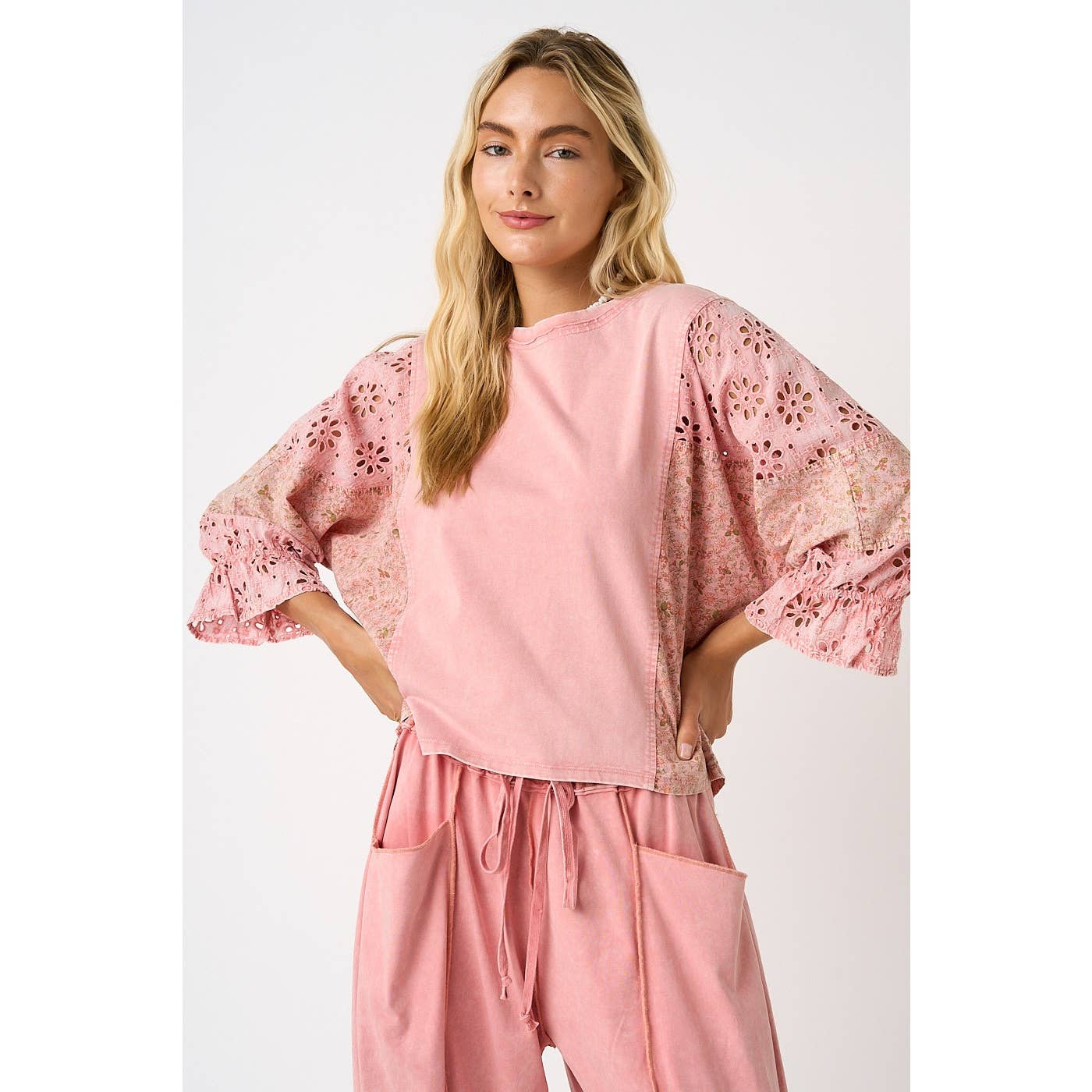 EYELET PATCHWORK RUFFLE LONG SLEEVE TOP
