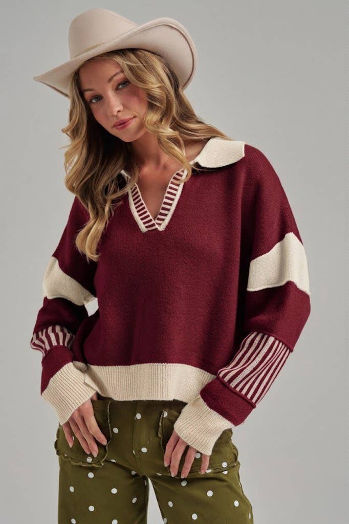 Collar And  Stripe Sleeve Detail Sweater